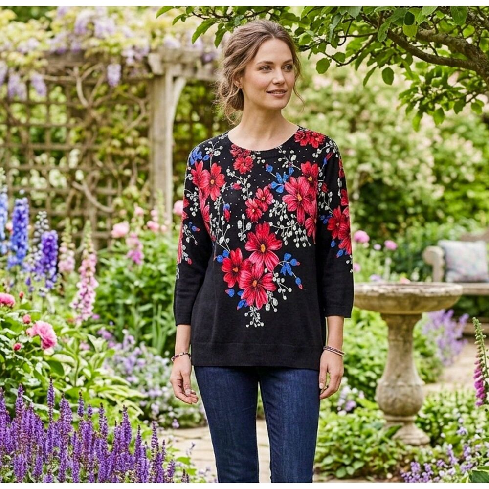 Rebecca Malone Lightweight Black Floral Sweater with Rhinestones - Size Large